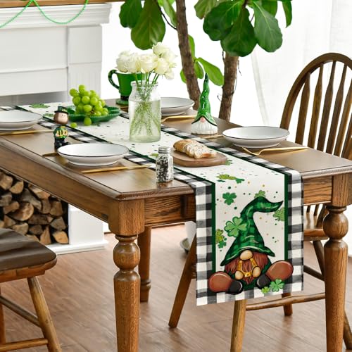 Artoid Mode Buffalo Plaid Gnome St. Patrick's Day Table Runner 13x72 Black/White