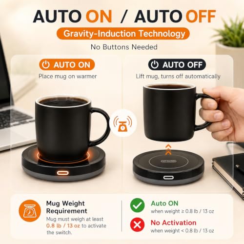 BESTINNKITS Black Auto Gravity Mug Warmer for Office Desk - Keeps Drinks at 131°F