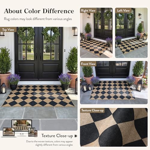 Checkered Jute-Look Area Rug 3x5, Washable Non-Slip Farmhouse Entryway Mat