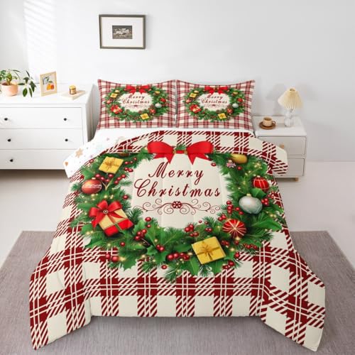 Feelyou Checkered Wreath Comforter Set Twin Size Christmas Bedding Beige Red Green