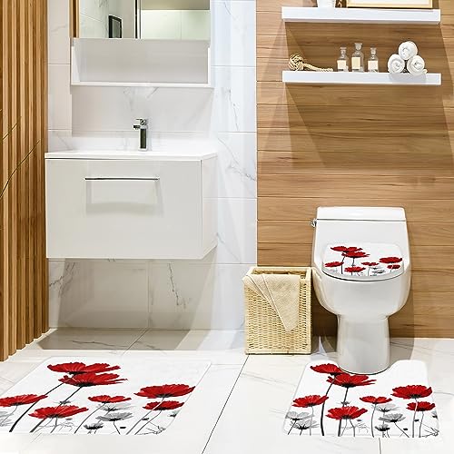 Coxila 4-Piece Red Floral Shower Curtain Set with Non-Slip Bath Mats