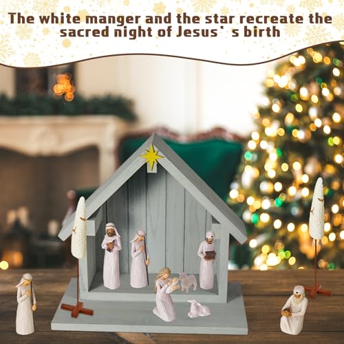 Gray Wooden Nativity Creche Scene - 13.5 x 12.5 Inch Christmas Stable Decor