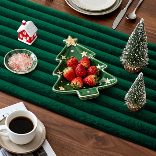 Christmas Table Runner 13x36 Inch Faux Rabbit Fur Holiday Decor - Green