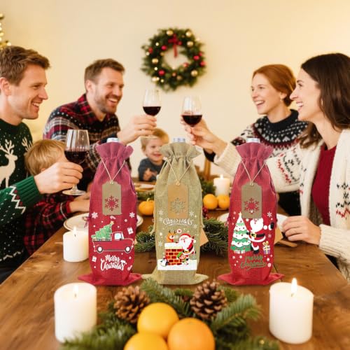 Christmas Wine Bottle Bags 12 Pack Reusable Jute Gift Bags with Winter Patterns