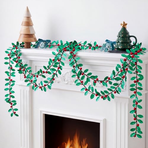 2 Pack Christmas Holly Garlands with Red Berries, 33 ft Total