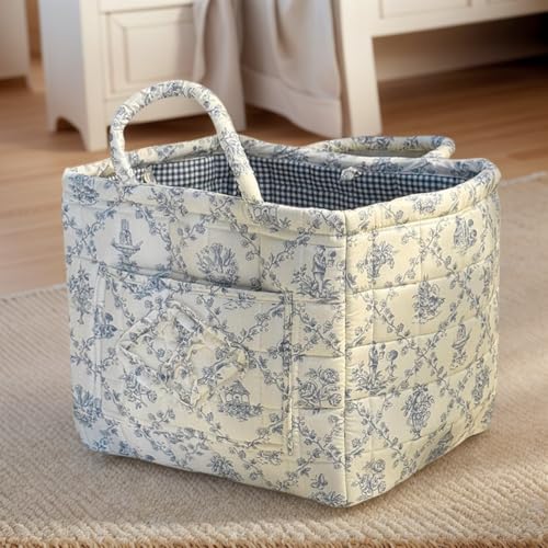 Floral Quilted Fabric Storage Basket with Handles, Foldable Laundry Organizer