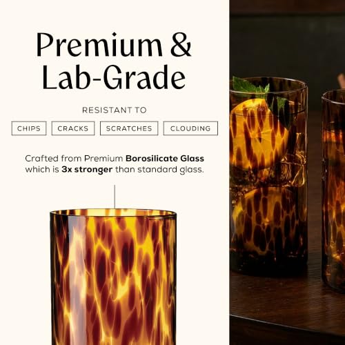 Joseph Sedgh Collection Tortoise Shell Highball Glass Set of 4 14.5 oz | Borosilicate Cocktail & Water Glasses