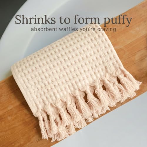 Waffle Weave Hand Towels with Tassel Fringe, 20x35 Inch, 2 Pack, Cream
