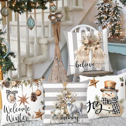 Artmag 16x16 Inch Christmas Pillow Covers Set of 4 Snowman Gloves Welcome Winter Grey White Stripes Farmhouse Home Decor