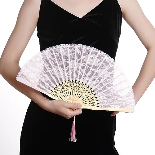 Pink Lace Handheld Bamboo Folding Fan with Tassel for Weddings and Parties