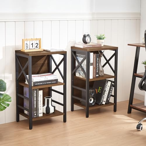 3-Tier Industrial Small Bookshelf, Rustic Brown Wood Storage Shelf