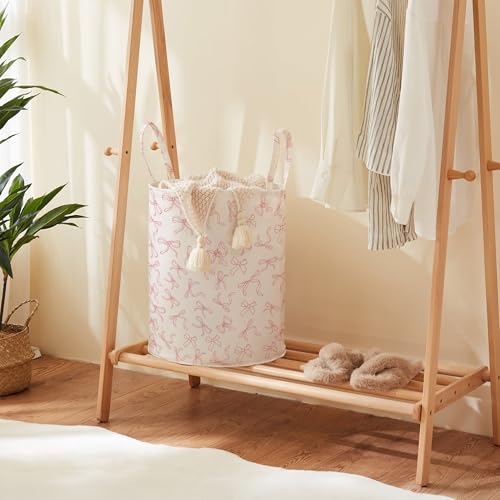 Large Cotton Canvas Nursery Laundry Basket with Handles and Bowknot