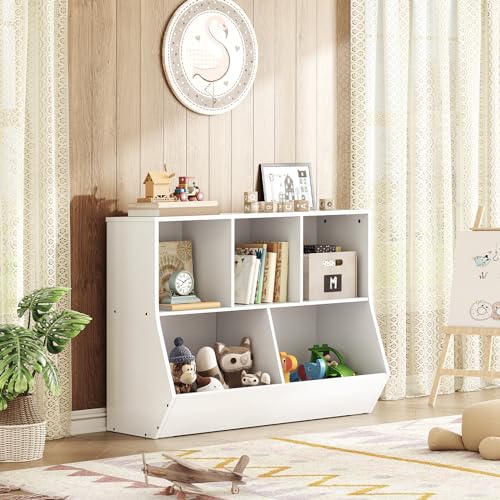Kids Bookshelf and Toy Storage Organizer with 5 Cubbies, White
