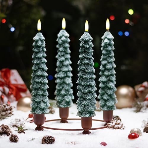 Snow Covered 4 Pack Flameless Christmas Tree Candles with Remote, 9.65 Inch LED Taper Candles