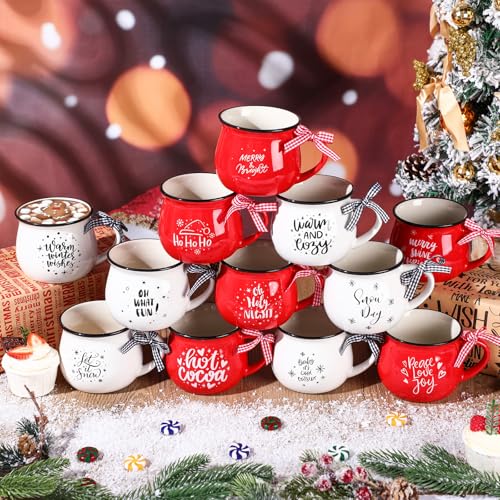 Zubebe 12-Piece Christmas Coffee Mug Set 12 oz Red & White Holiday Ceramic Cups
