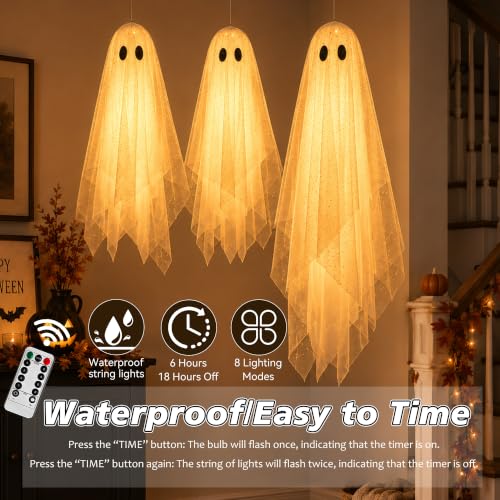 AYGXU 3-Piece Lighted Hanging Ghost Halloween Decorations for Yard and Porch
