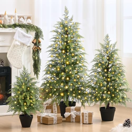 Waipfaru 3-5 ft Pre-Lit Cedar Christmas Tree Set of 3 - Realistic Mini Artificial Trees with 9 Light Modes