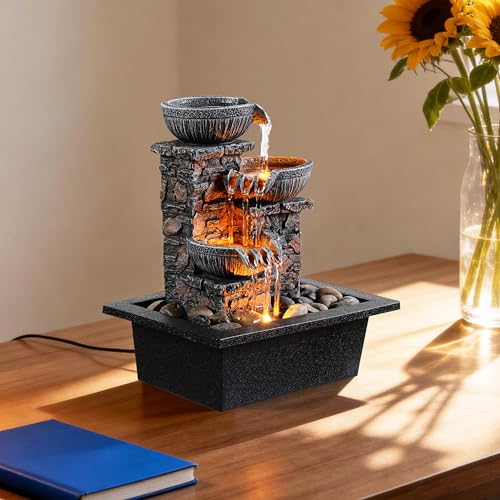 Tabletop Waterfall Fountain with LED Light - Indoor Zen Water Decor