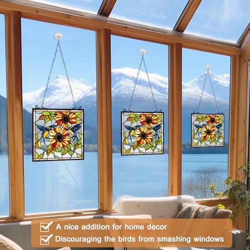 Handcrafted Sunflower Stained Glass Window Panel with Birds