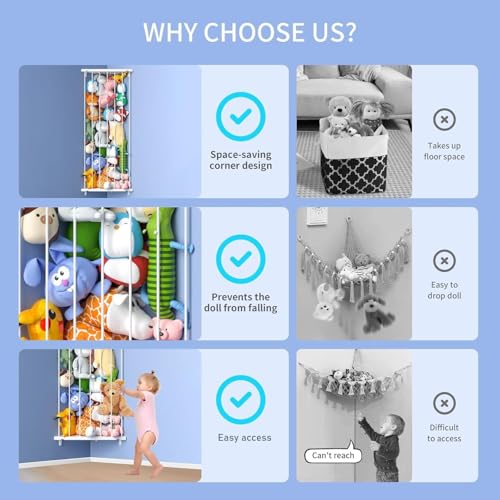 Befayoo White Corner Stuffed Animal Storage Organizer Hammock - Kids Toy Wall Mount