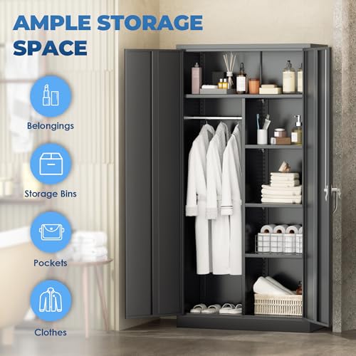 72-inch Metal Wardrobe Cabinet with Lock, Adjustable Shelves and Hanging Rod