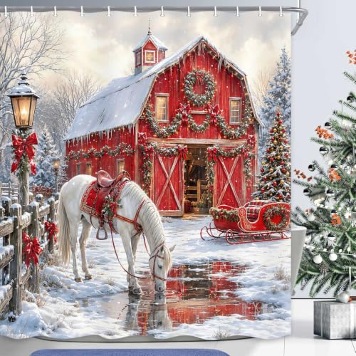 Farmhouse Christmas Shower Curtain Red Barn & White Horse - 72x72 Inch