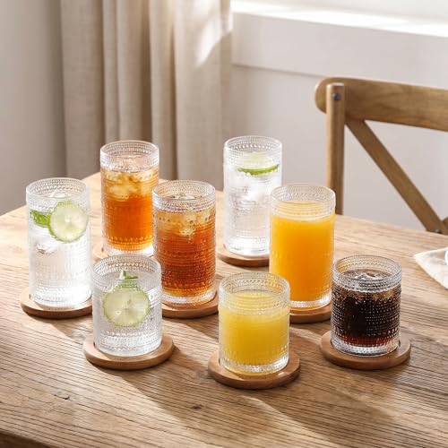 Vintage Hobnail Drinking Glasses Set, 8-Piece Embossed Clear Glass Tumblers