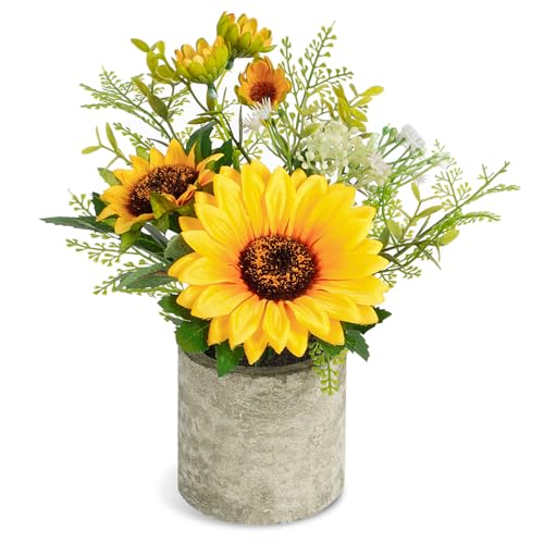Artificial Sunflower Pot with Eucalyptus Leaves - 21 cm
