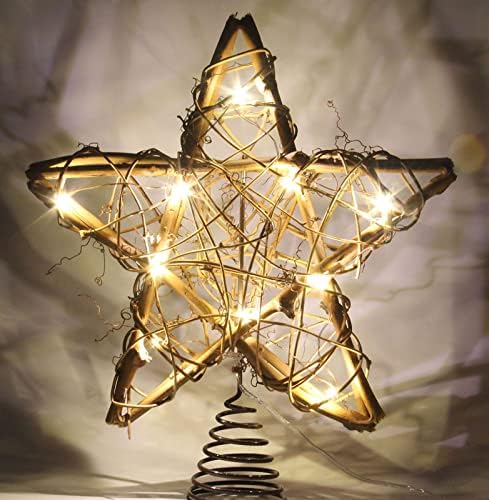 Natural Rattan Christmas Tree Topper Star with 10 Warm LED Lights, 10 Inch