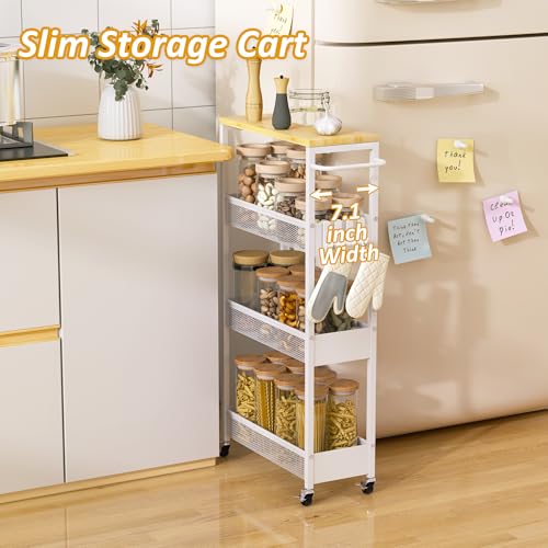7.1-Inch Slim 4-Tier Rolling Storage Cart on Wheels with Wood Top