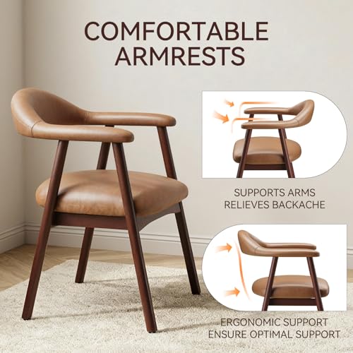 Upholstered Leather Dining Chairs with Armrests, Set of 4, Brown