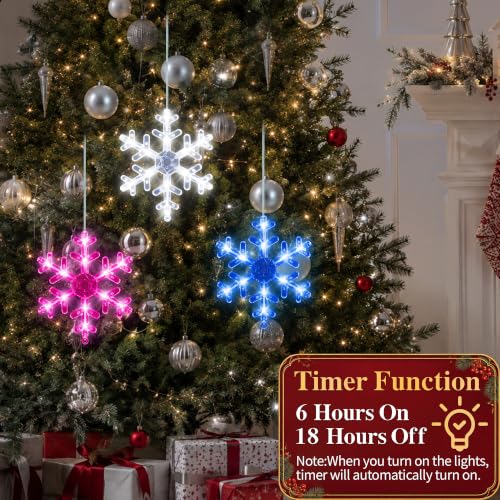 Christmas Window Decorations Snowflakes 3 Pack Battery Operated LED Lights with Suction Cups