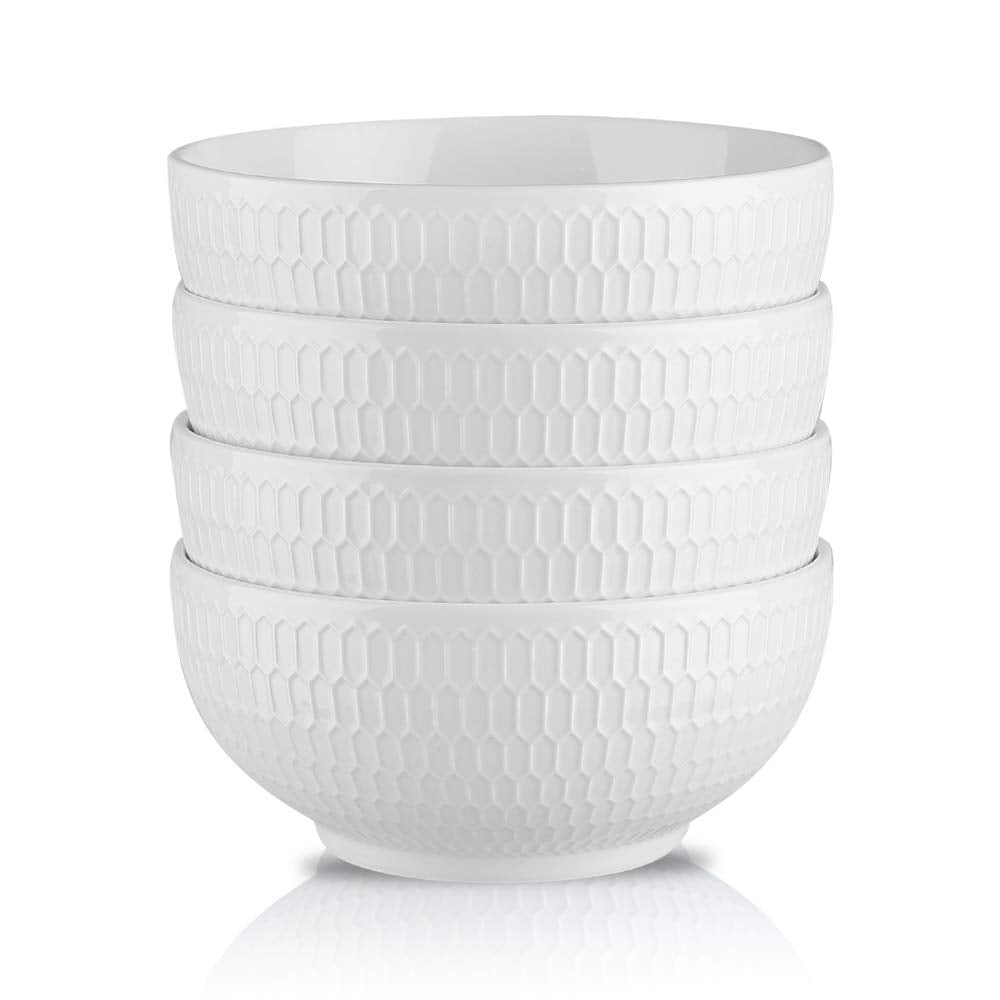 KOOV 24 Ounce Porcelain Soup Bowl Set, Microwave and Dishwasher Safe, Kitchen Bowls for Oatmeal, Cereal, Rice - Set of 4 (Embossed White)