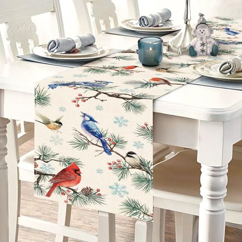 Croar Winter Birds Table Runner 13x72 Inch, Cardinal Blue Jay Robin Chickadee Decor