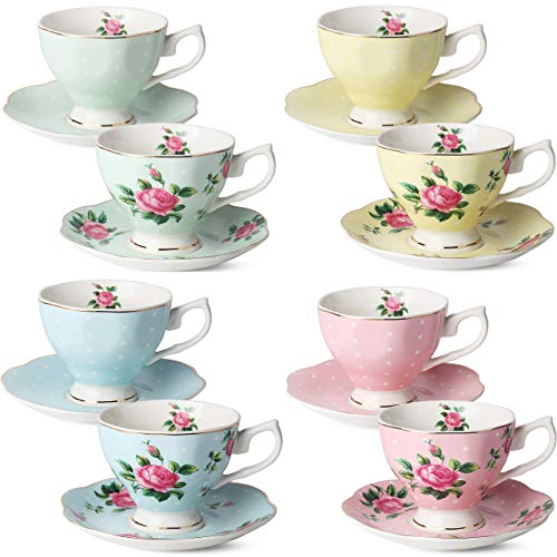 Brew To A Tea Floral Tea Cup & Saucer Set of 8, 8 oz Multicolor Porcelain