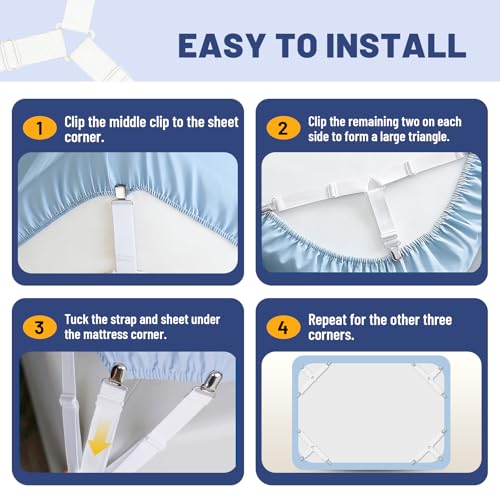 Adjustable Bed Sheet Straps with Metal Clips - Triangle Fasteners (4 Pack)