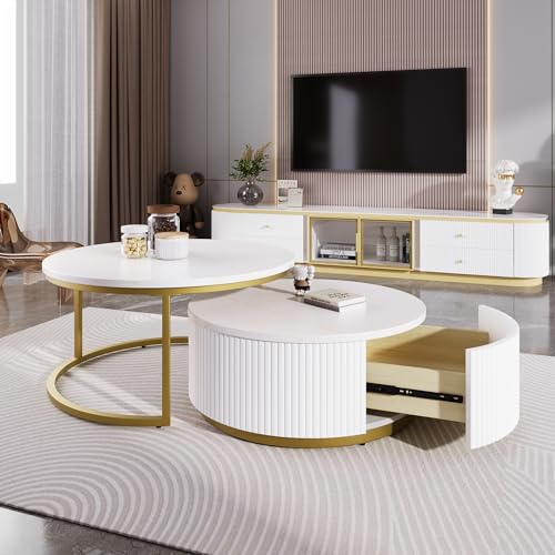 Modern Round Nesting Coffee Table Set with Storage Drawer, White and Gold