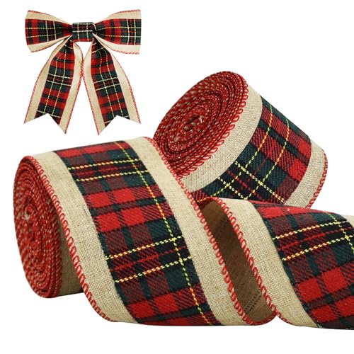 TONIFUL 2.5-Inch Green & Black Plaid Burlap Wired Ribbon 6yds x 2 Rolls for Christmas Wrapping & Wreaths (2 Rolls, Red Green variant)