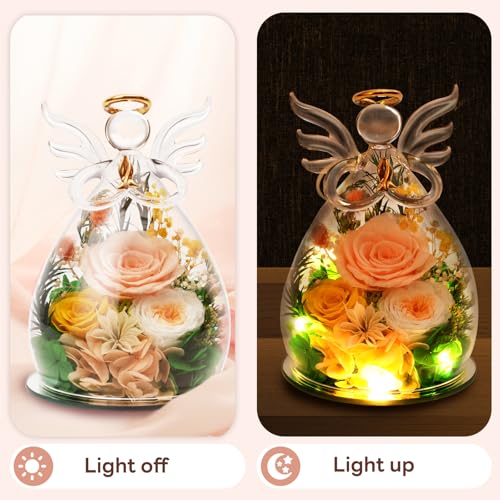 Preserved Real Rose Glass Angel Figurine with LED Light - Eternal Flower Gift