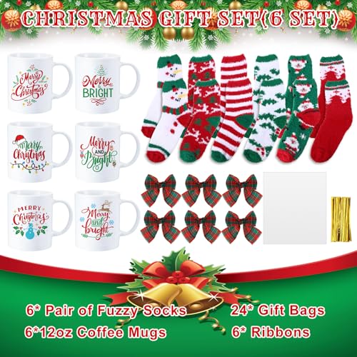 6 Sets Classic Christmas Mug Gift Set with Fuzzy Socks for Women - 12 oz