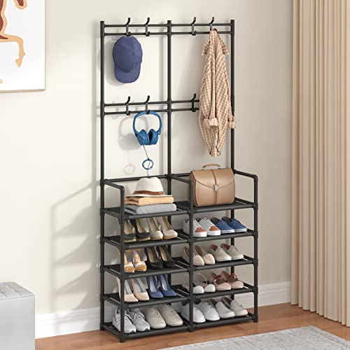5-Tier Entryway Hall Tree with Shoe Rack and 8 Hooks, Black Storage Organizer