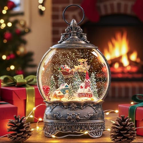 Christmas Snow Globe Lantern with Music, Timer & Swirling Glitter