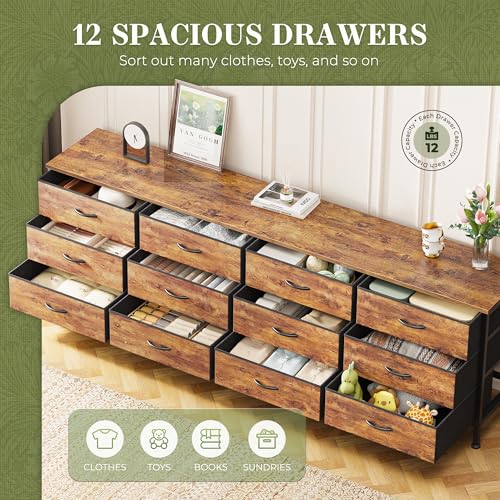 70-Inch Wide Dresser and TV Stand with 12 Fabric Drawers, Rustic Brown