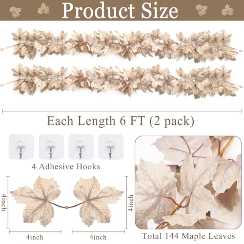 2-Pack Artificial Muted White Maple Leaf Garland 6ft - Neutral Fall Decor