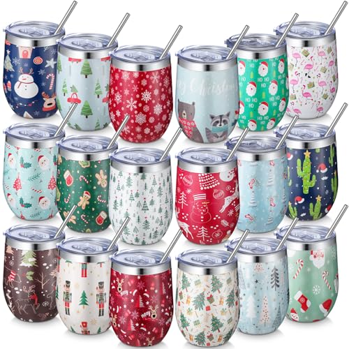 Sliner Classic Christmas 12oz Stainless Steel Wine Tumblers 18 Pcs with Lids & Straws