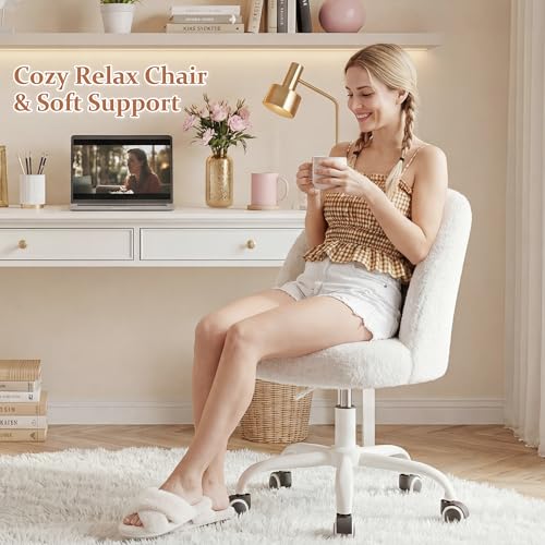 Teddy Fleece Vanity Chair - Adjustable Height Swivel Desk Chair, Cream White