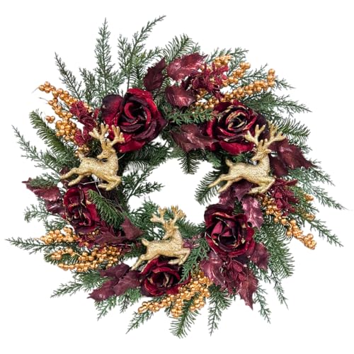 Svndlyn 22-Inch Burgundy Lighted Christmas Wreath with Timer and Reindeer