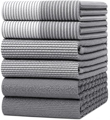 100% Cotton Kitchen Towels 6 Pack - 20"x28" Absorbent Dish Towels (Grey)