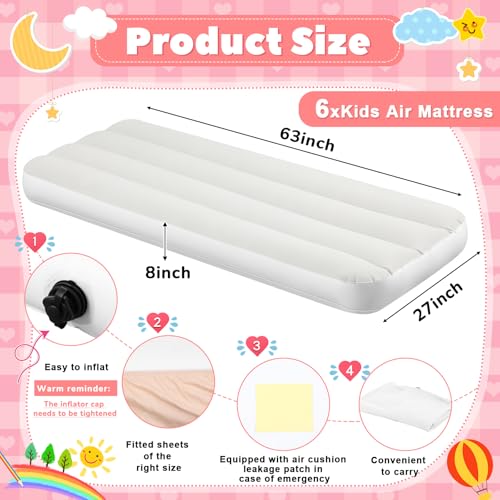 Kids Air Mattress Set - 6 Inflatable Beds with Fitted Sheets, 63x27x8 Inches, Pink