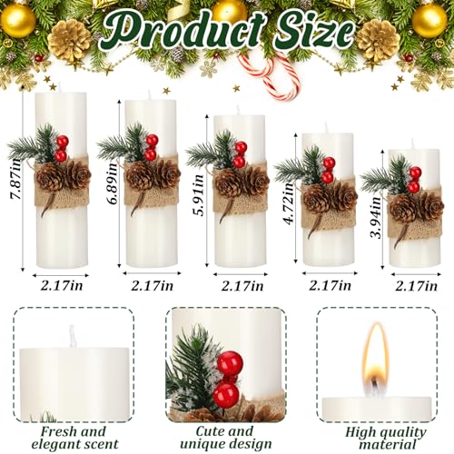 Conelist 5-Pack White Christmas Pillar Candles with Berries - 5 Sizes